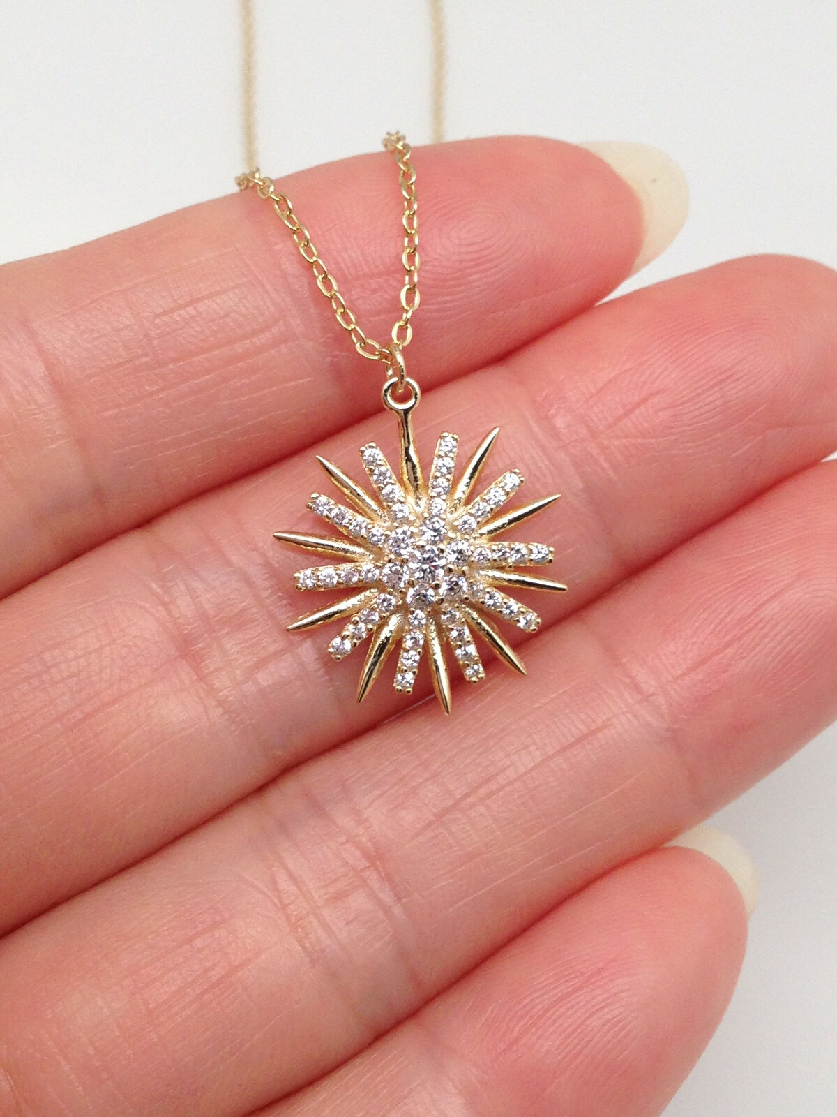 925 Sterling Silver 15mm Cz Sunburst Pendant Necklace Sun Starburst 16-18″
