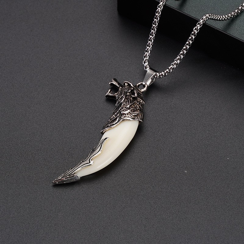 Titanium Steel Wolf Tooth Pendant Necklace Gothic Turquoise Red Stone Jewelry