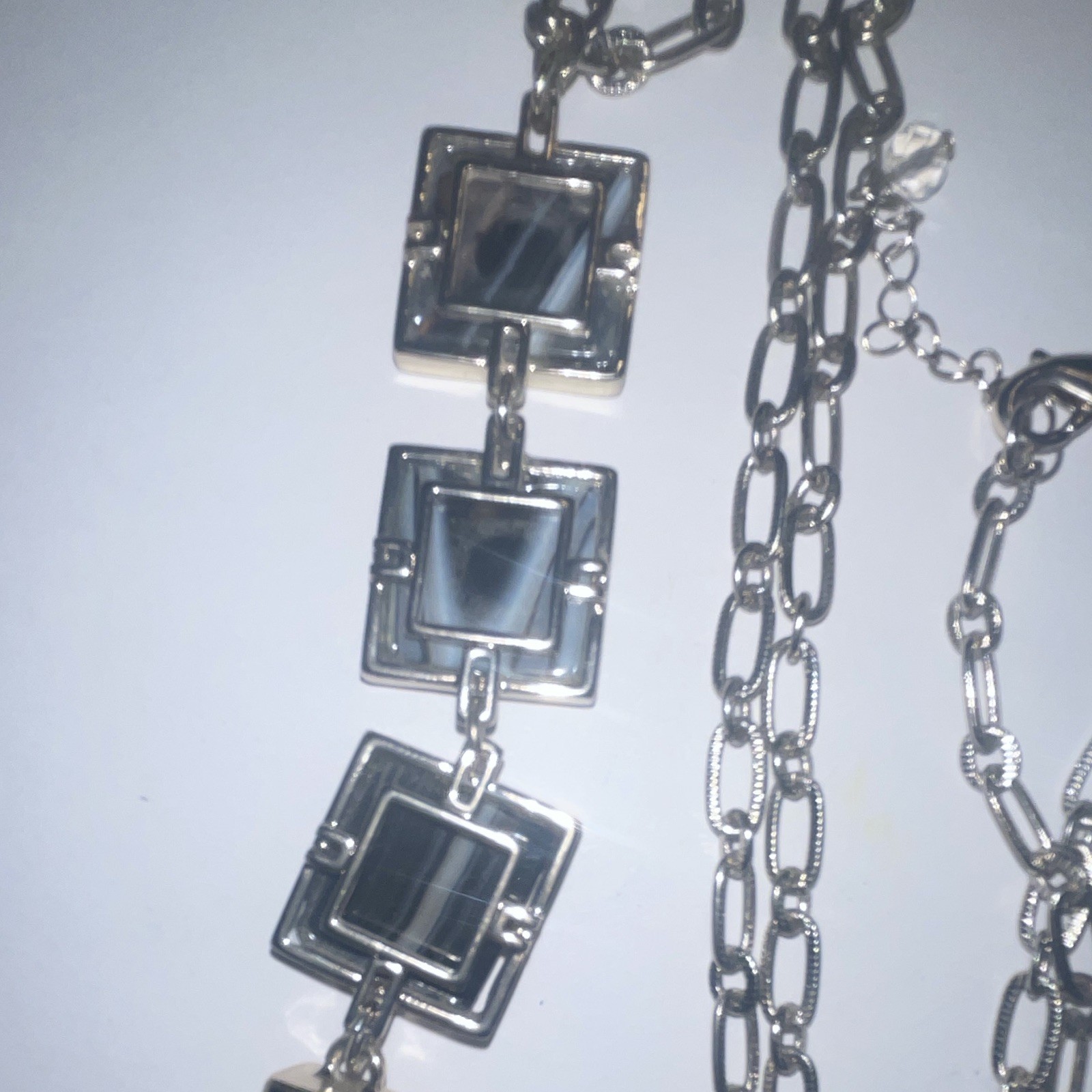 Silver Tone Cable Chain Necklace Agate Square Pendant w/ Tassel Adjustable