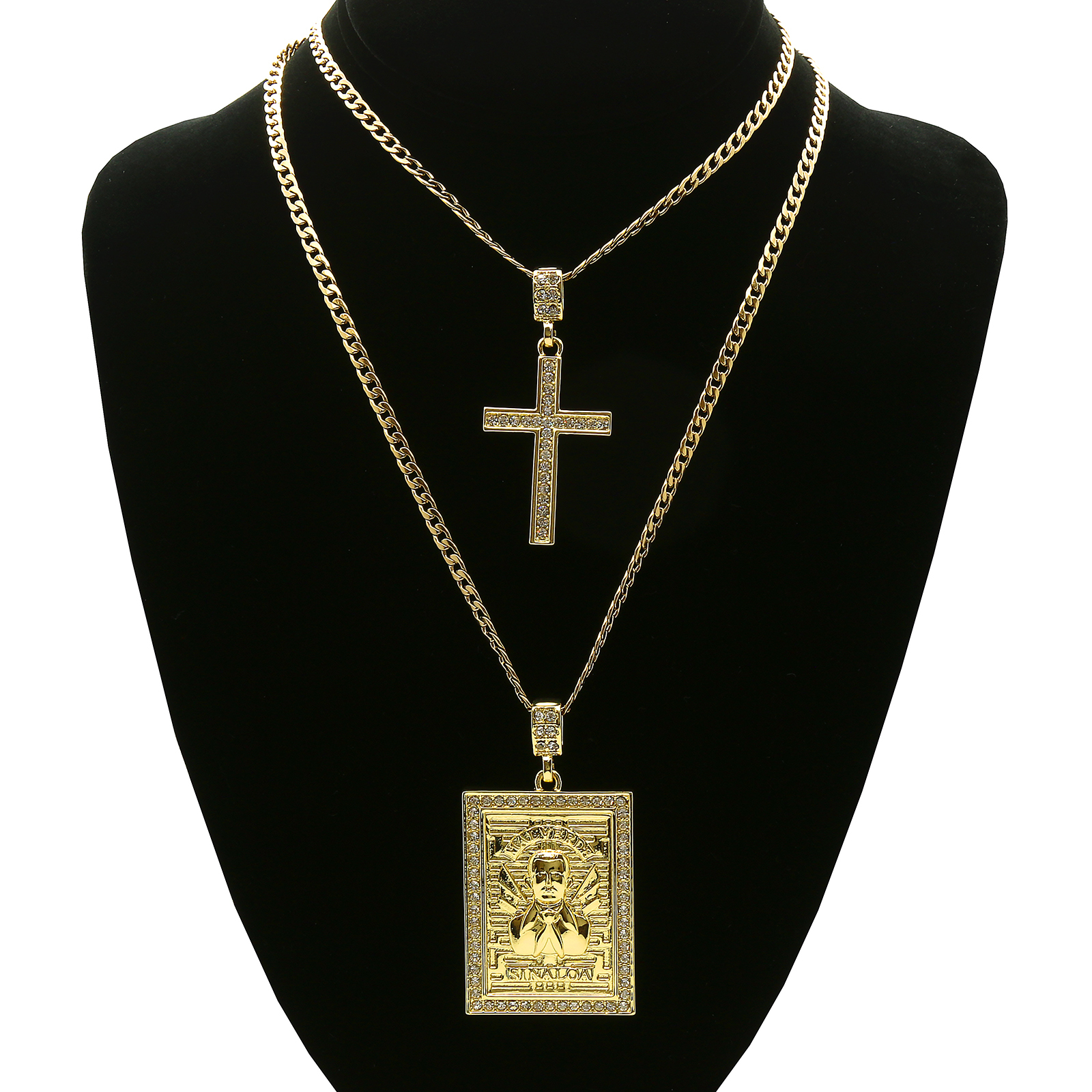Gold Plated St.Steel Chain 24″/30″ Malverde & Cross Pendant Cubic Zirconia 56/8
