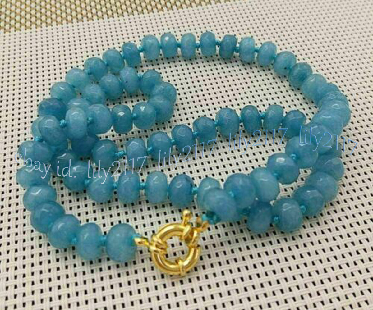 Faceted 5x8mm Natural Blue Aquamarine Gemstone Rondelle Beads Necklaces 14-48”