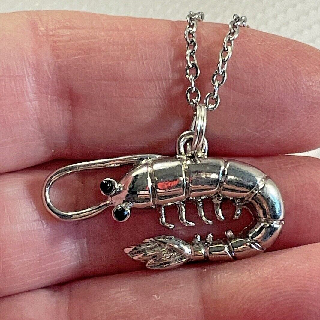 Shrimp Sea Life Silver Necklace 20” Stainless Coastal Fashion Jewelry NEW