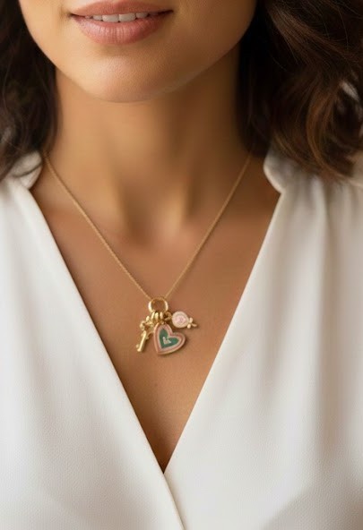 Delicate Enamel Heart Key Lollipop Style Venetian Box Chain Necklace