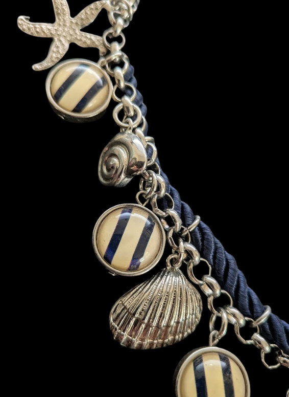 Nautical Navy Blue Braided Rope Necklace Silver Tone Anchor Shell Charms Signed