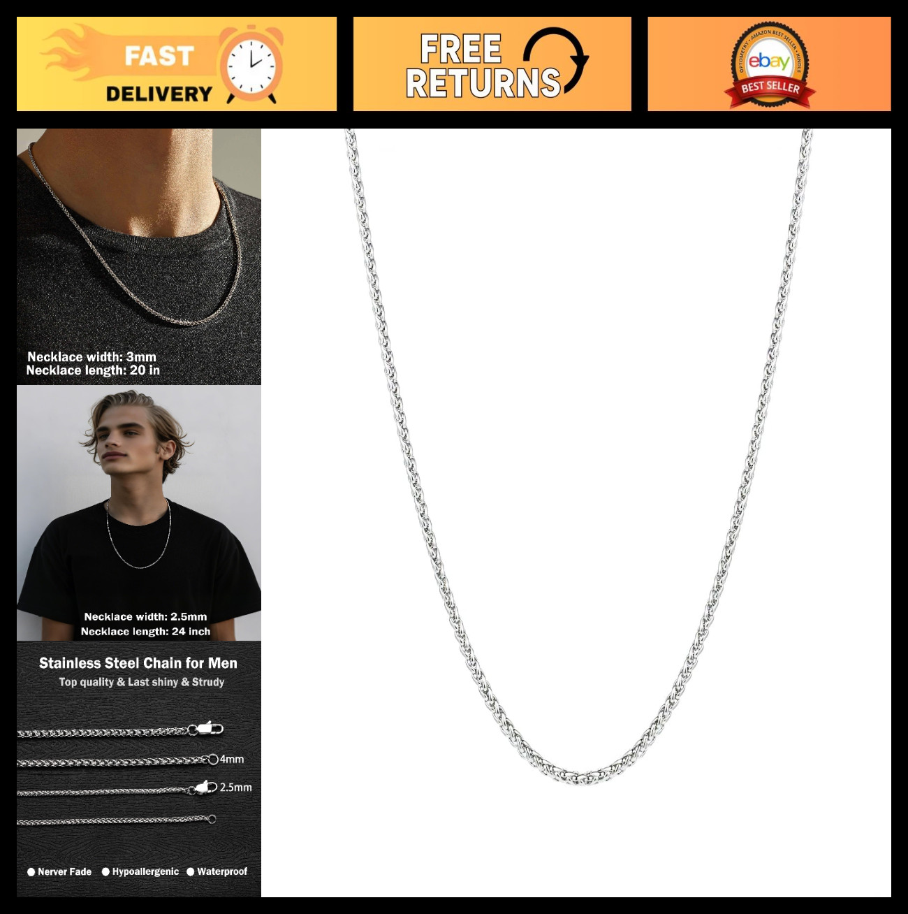 Stainless Steel Wheat Chain Necklace 2.5mm/3mm/4mm Silver Gold Jewelry for Men W