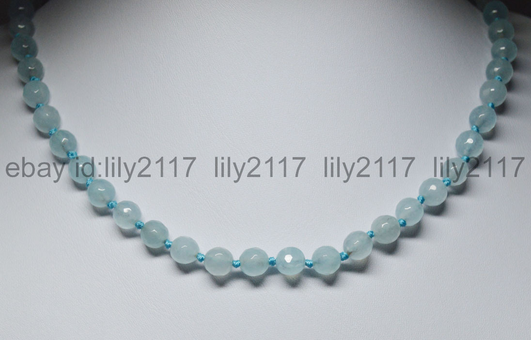 8mm Faceted Brazilian Blue Aquamarine Gemstone Round Beads Necklaces 24″