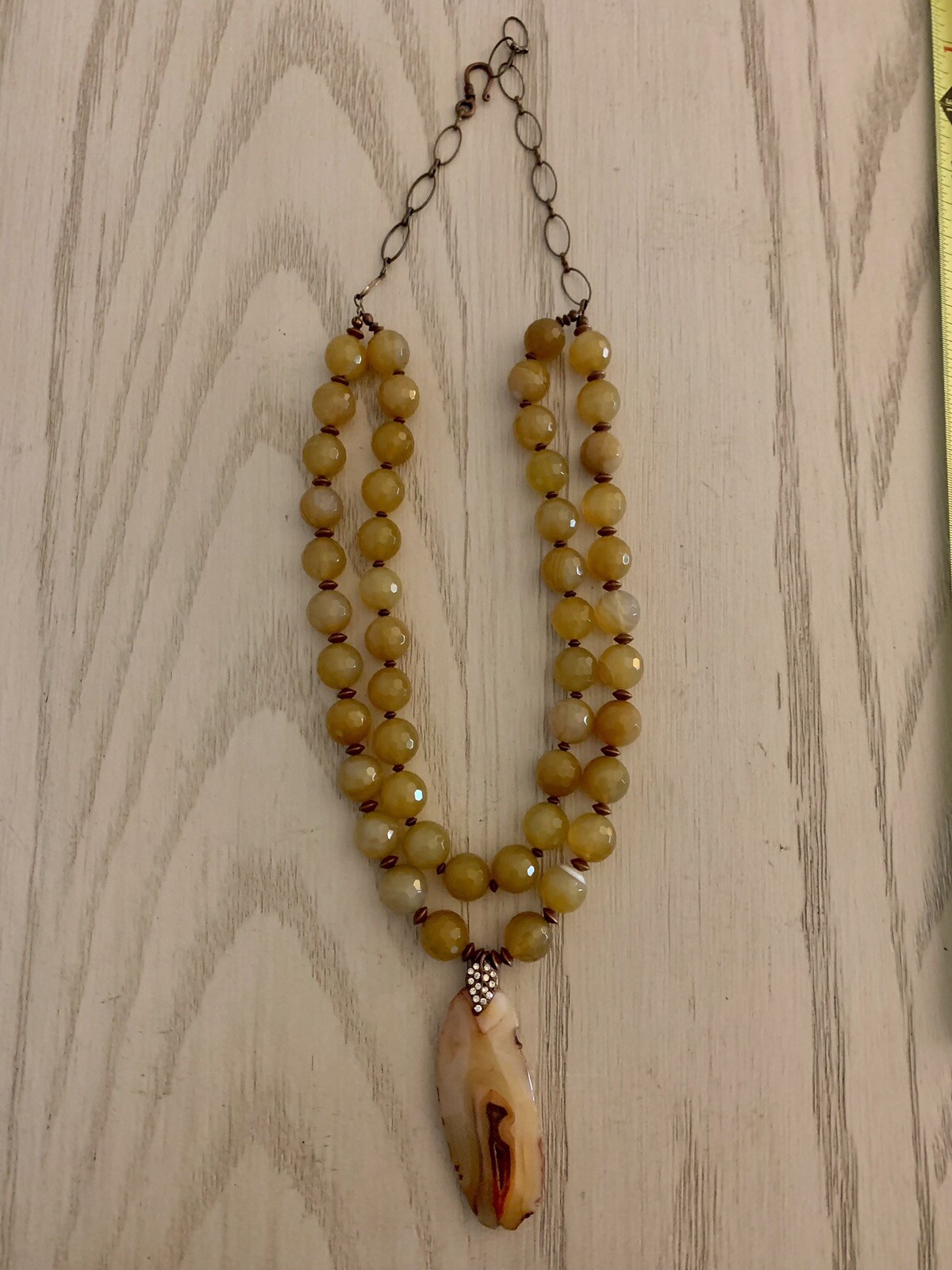 Artisan Made Agate Pendant Chunky Necklace With Hand Knotted Beads Golds Browns