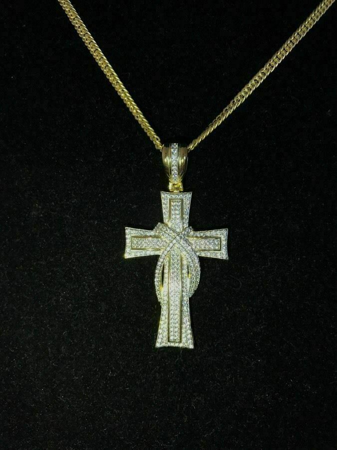 Cross Crucifix Pendant Simulated Diamonds 14K Gold Plated 925 Sterling Silver