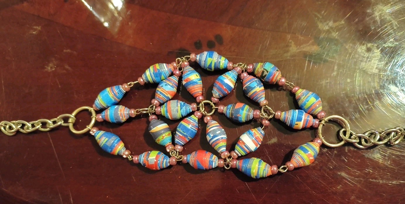 Vtg Paper Beaded Bracelet Colorful Cuff Boho Tribal 70s