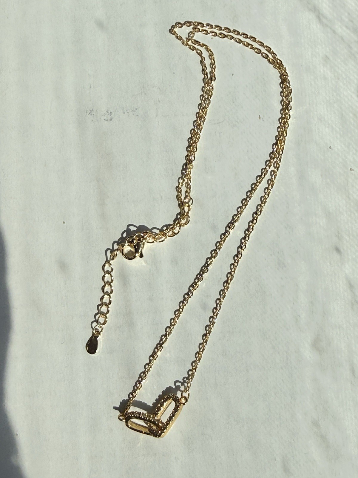 Gold Plated Cable Chain Necklace Asymmetrical Pavé White Crystal Charm Adjust