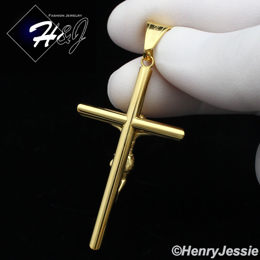 16″-36″Stainless Steel 3mm Gold Plated Cuban Curb Chain JESUS Cross Pendant*116