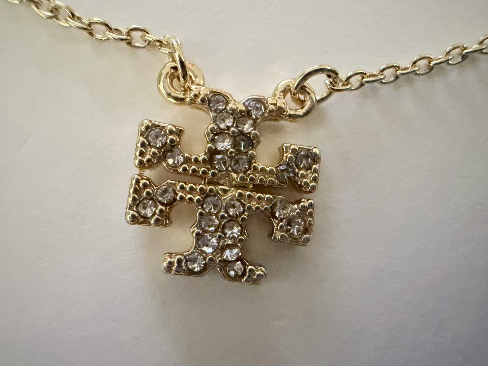 Tory Burch Crystal Logo Pendant Gold Necklace
