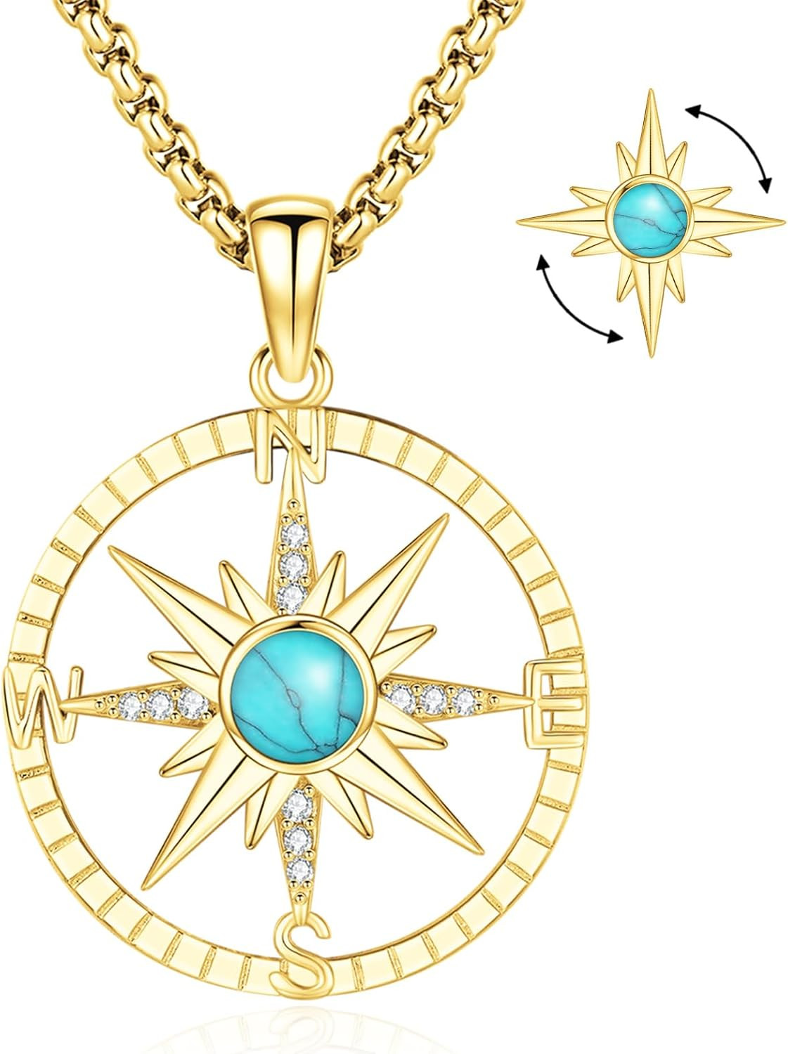 14k Gold Plated Compass Necklace Sterling Silver Turquoise Graduation Pendants