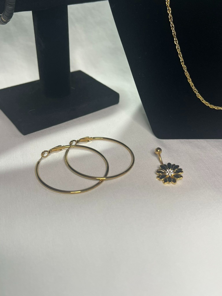Gold Tone Jewelry Set: Rope Chain, Large Hoops, Heishi Bracelet, Belly Ring