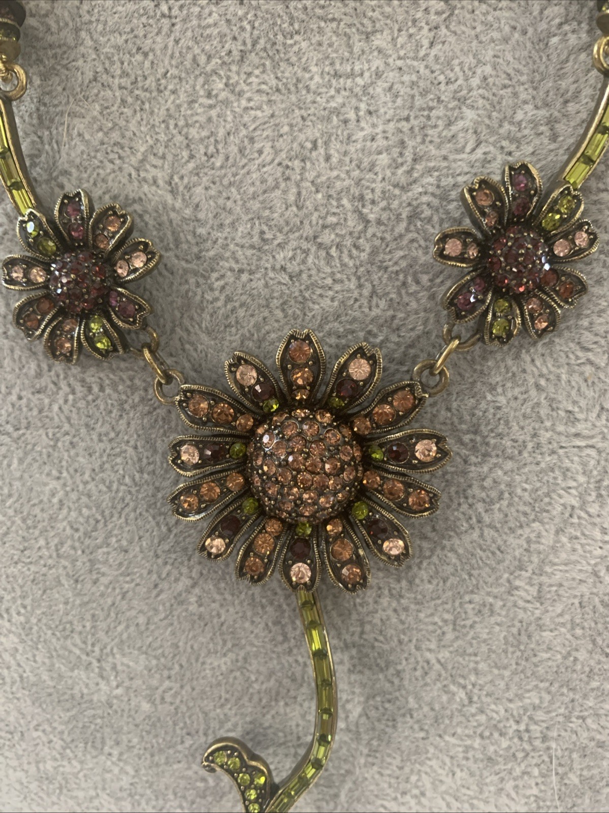 Heidi Daus Necklace Crystal Sunflower Y-Drop Champagne Faux Pearls Excellent