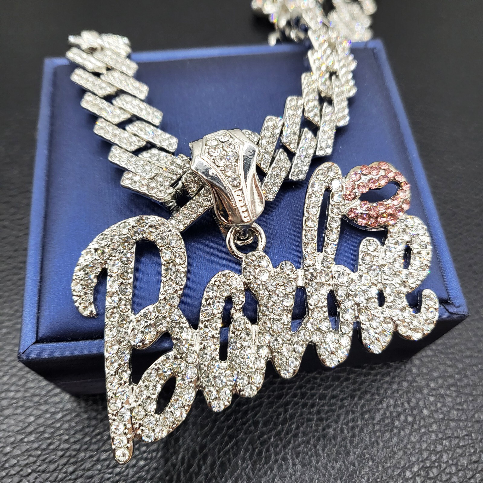 Women Silver Plated Barbie Bling Charm Iced Cubic Zirconia Cuban Chain Necklace