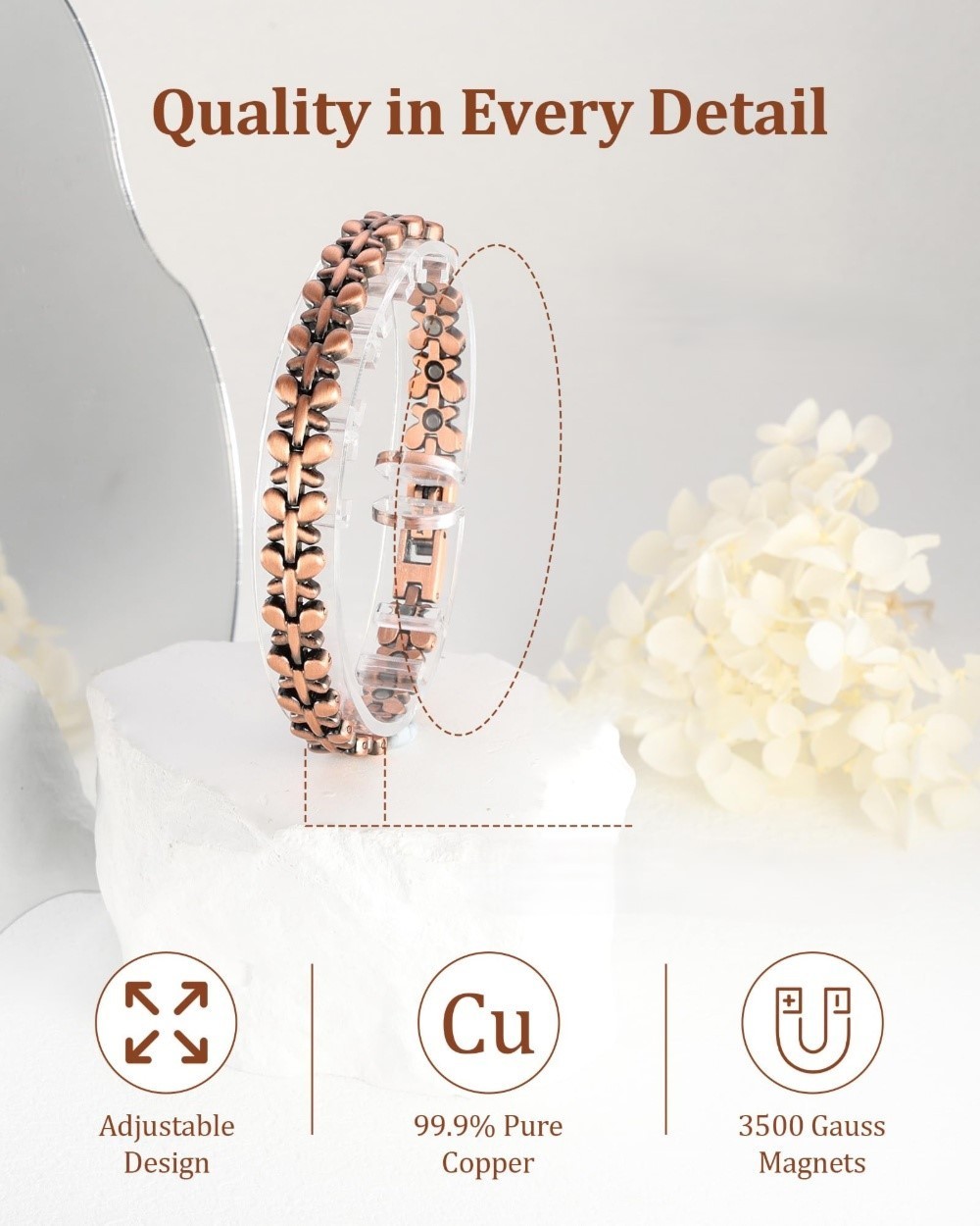 Pure Copper Magnetic Bracelet Strong Arthritis Therapy Gift for Women Handmade