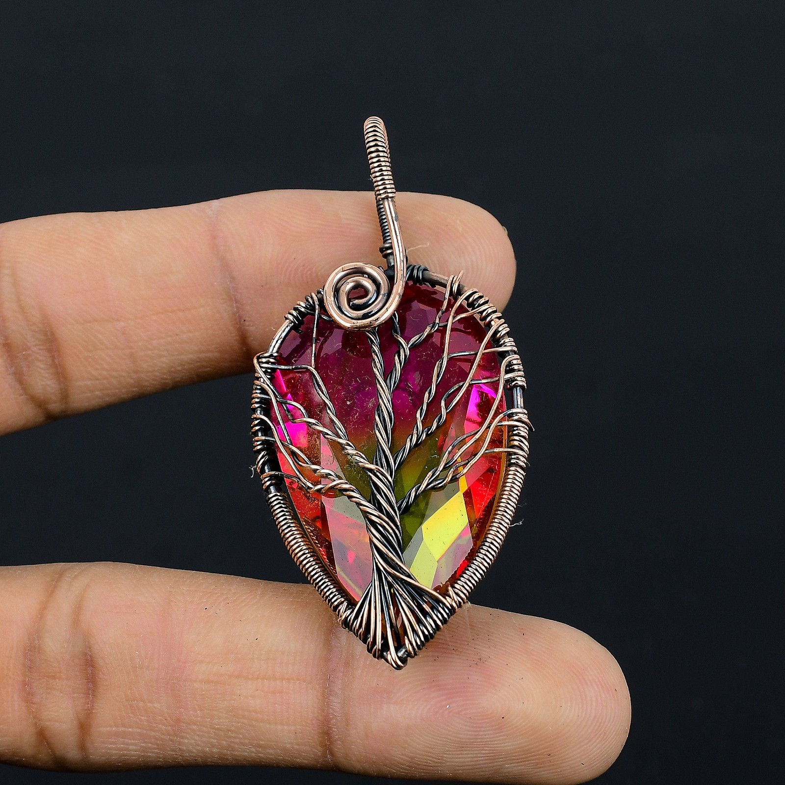 Bi Color Tourmaline Gemstone Copper Wire Wrap Jewely Pendant 2.4″ N053