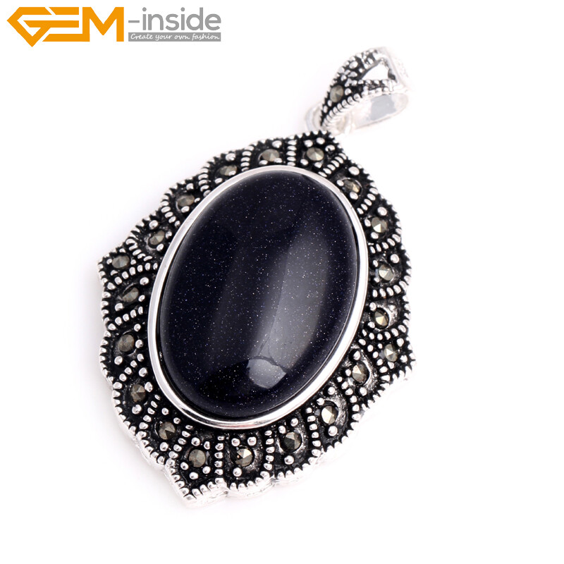 Silver Marcasite Tibetan Oval Turquoise Cat Eye Beads Jewelry Pendant Necklace