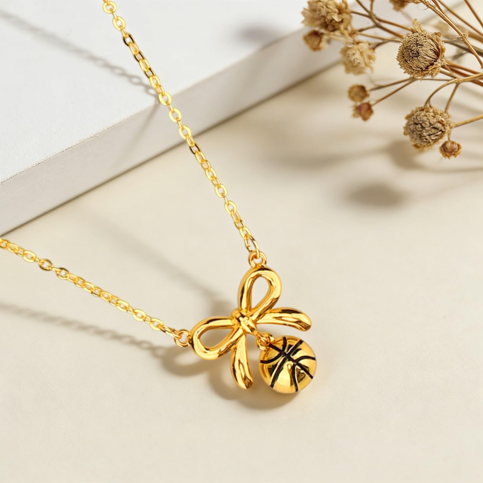 Mikovivi Basketball Necklaces, 40+5cm/16+2in Adjustable Bow Medium, gold-tone