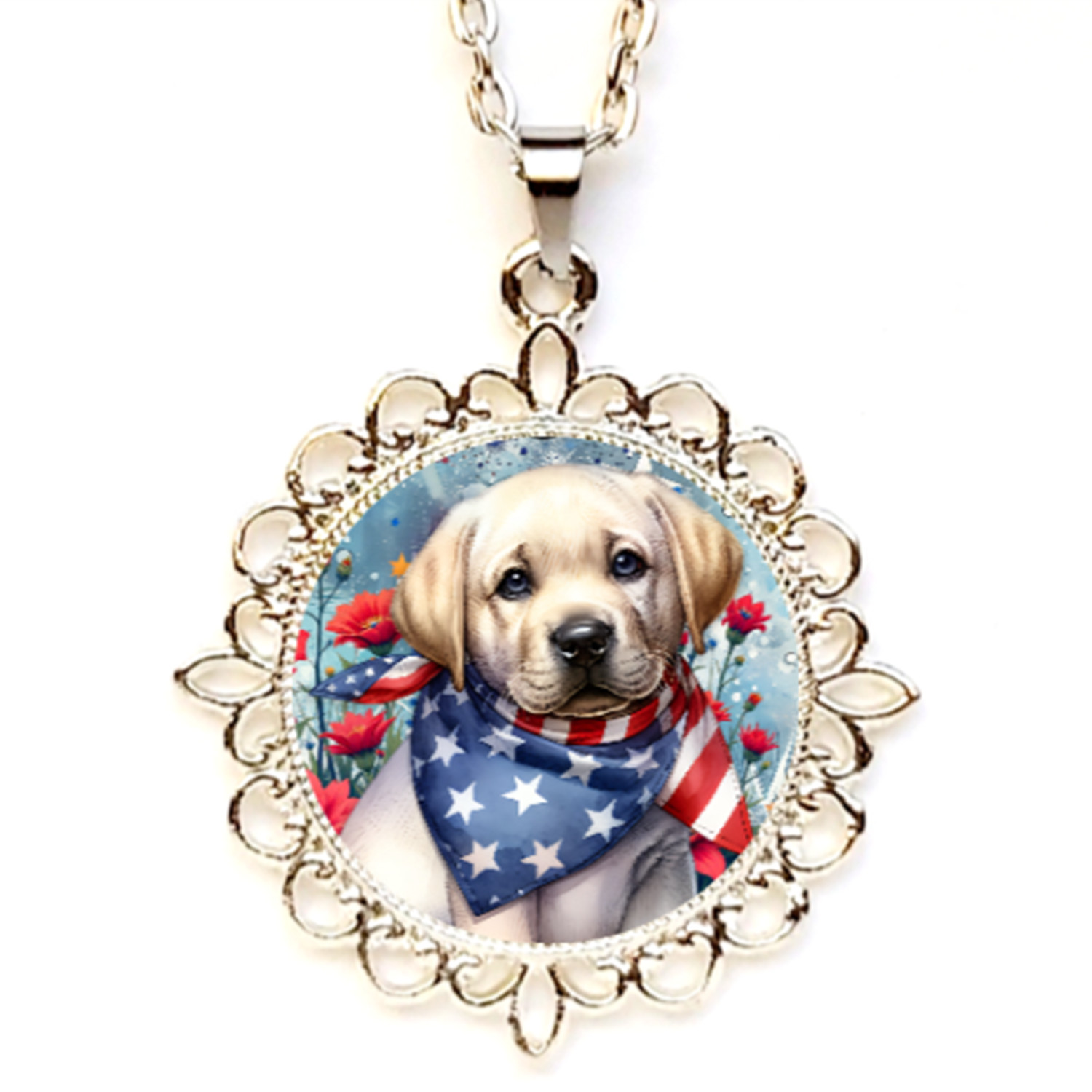Patriotic Puppy Dog 4th Of July Bezel Pendant Silver Gold Rose Gold Tone USA