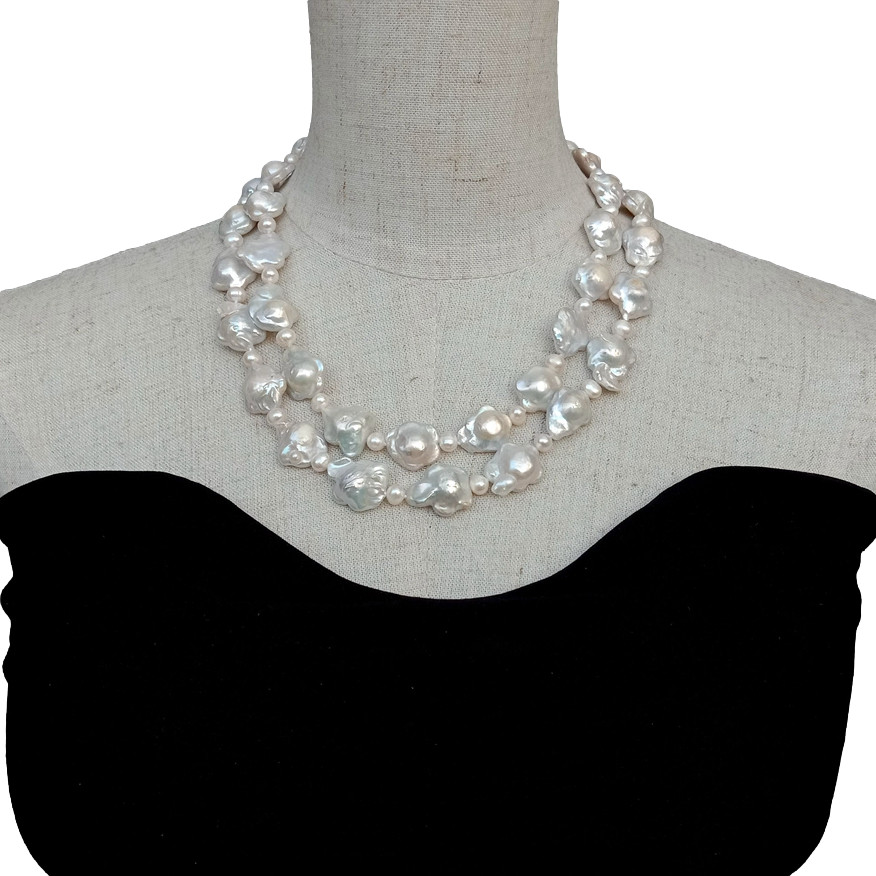 2 Strands Cultured Pearl Necklace Flower Shape Keshi Pearl Necklaces For Women