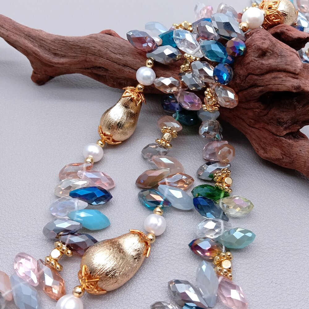 3 Strands Cultured White Pearl Multi Color Crystal Statement Necklace