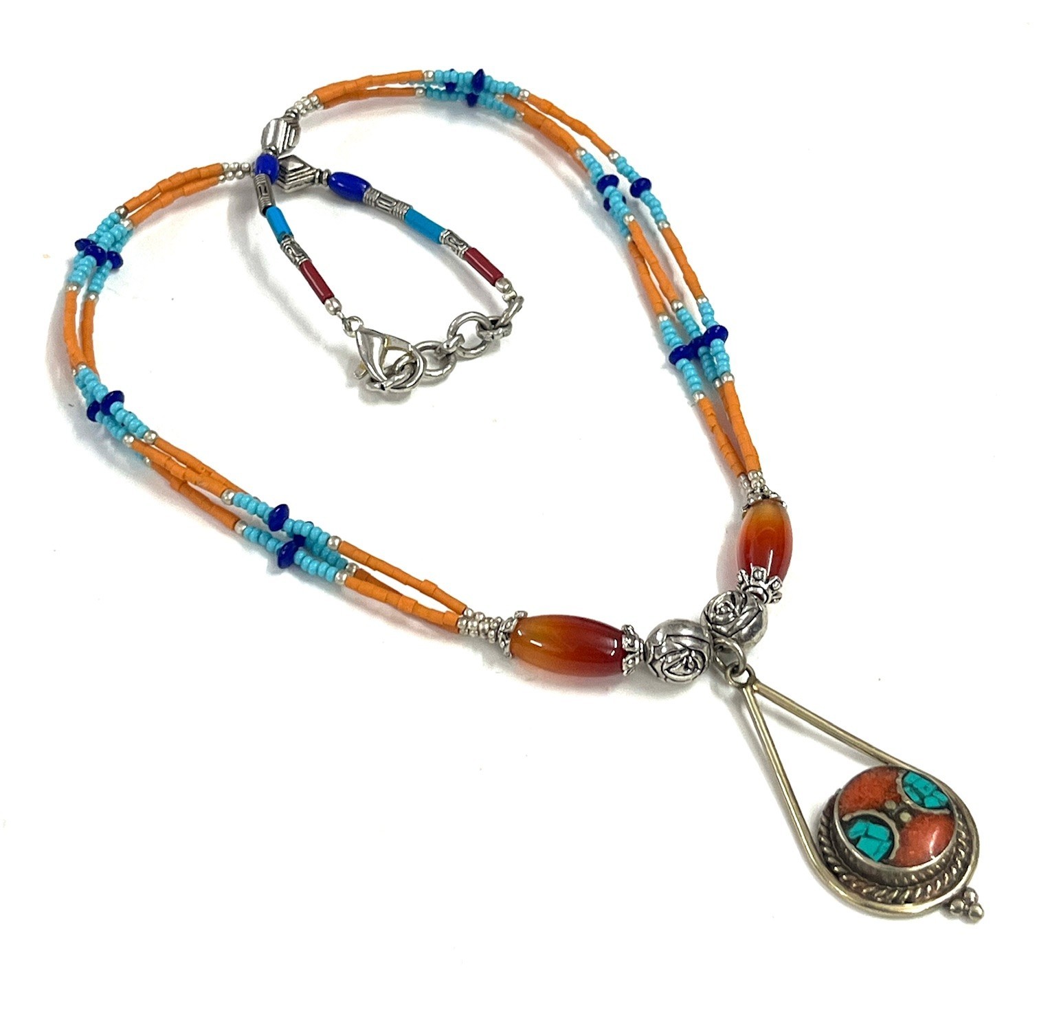Nepalese Coral Carnelian Gemstone Tibetan Boho Necklace Jewelry, 17 inch Adjus