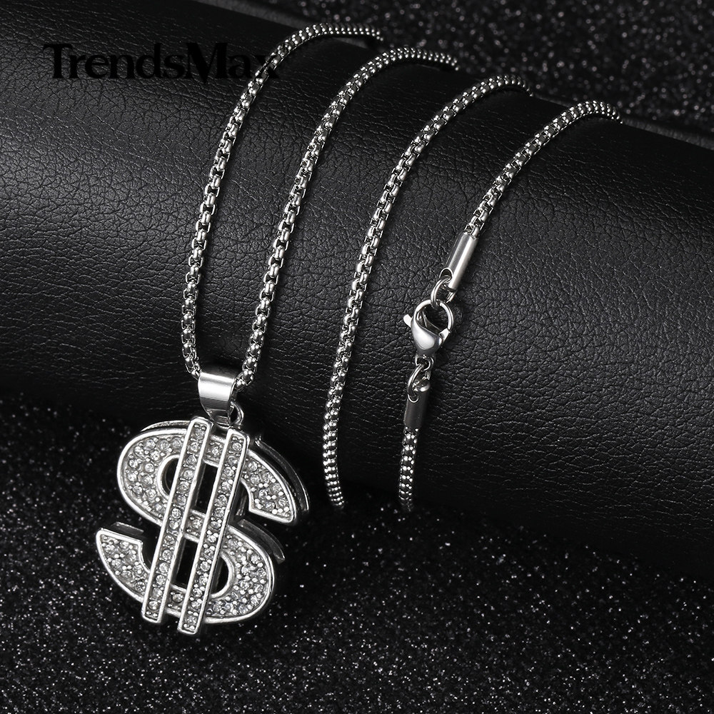 Silver Cubic Zircon CZ Dollar Sign Pendant Necklace Stainless Steel Chain 18-24″