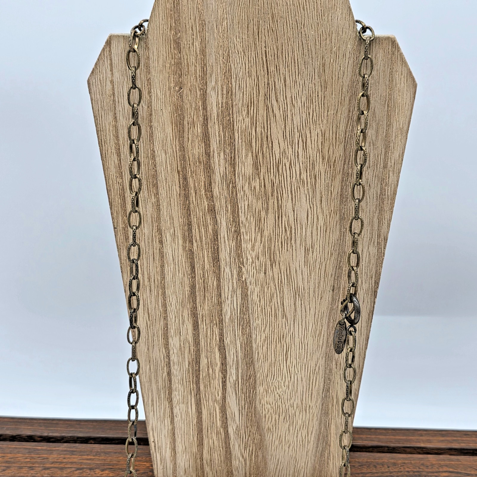 Plunder QUINCY Antique Bronze Fringe Necklace Pearls Brass Skeleton Keys 36”