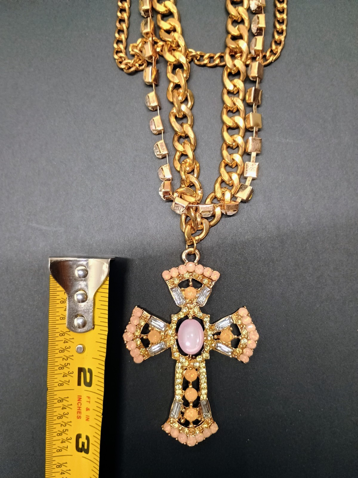 Layered cross gold and pink tone statement necklace costume great condition