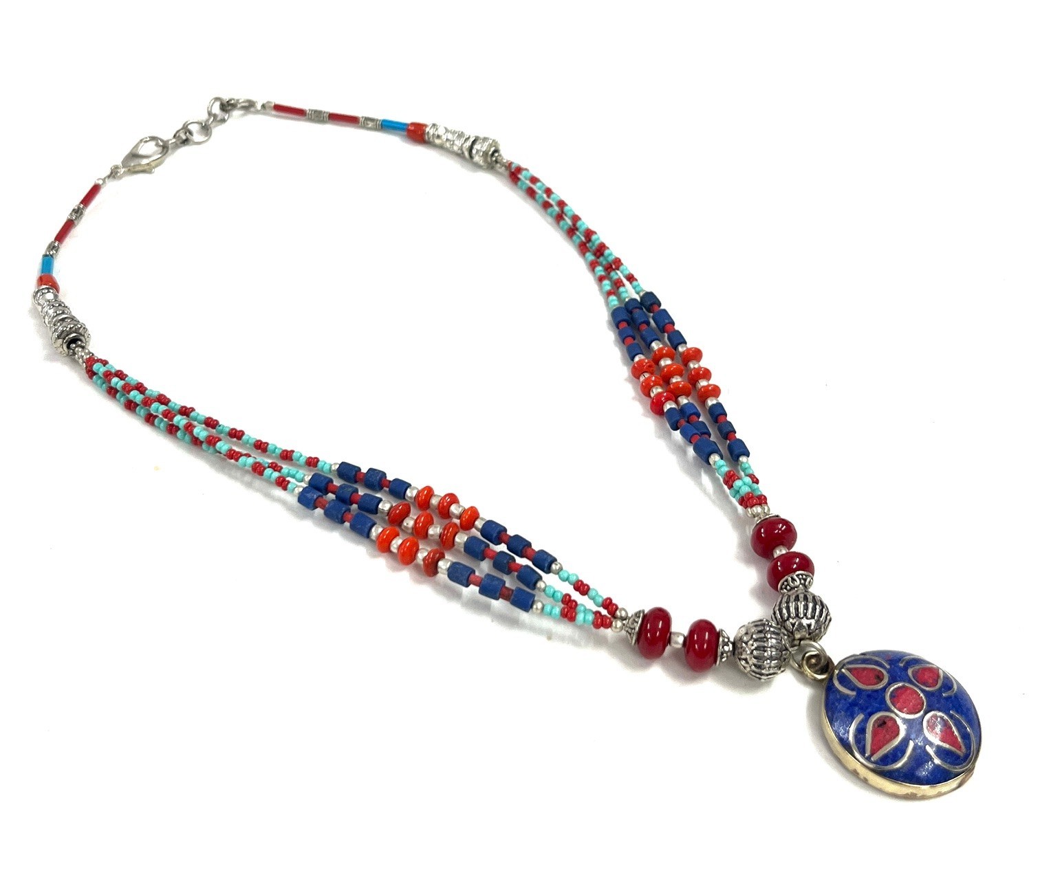 Antique Lapis Lazuli Coral Gemstone Tibetan Necklace Jewelry, 17 Inch Adjust