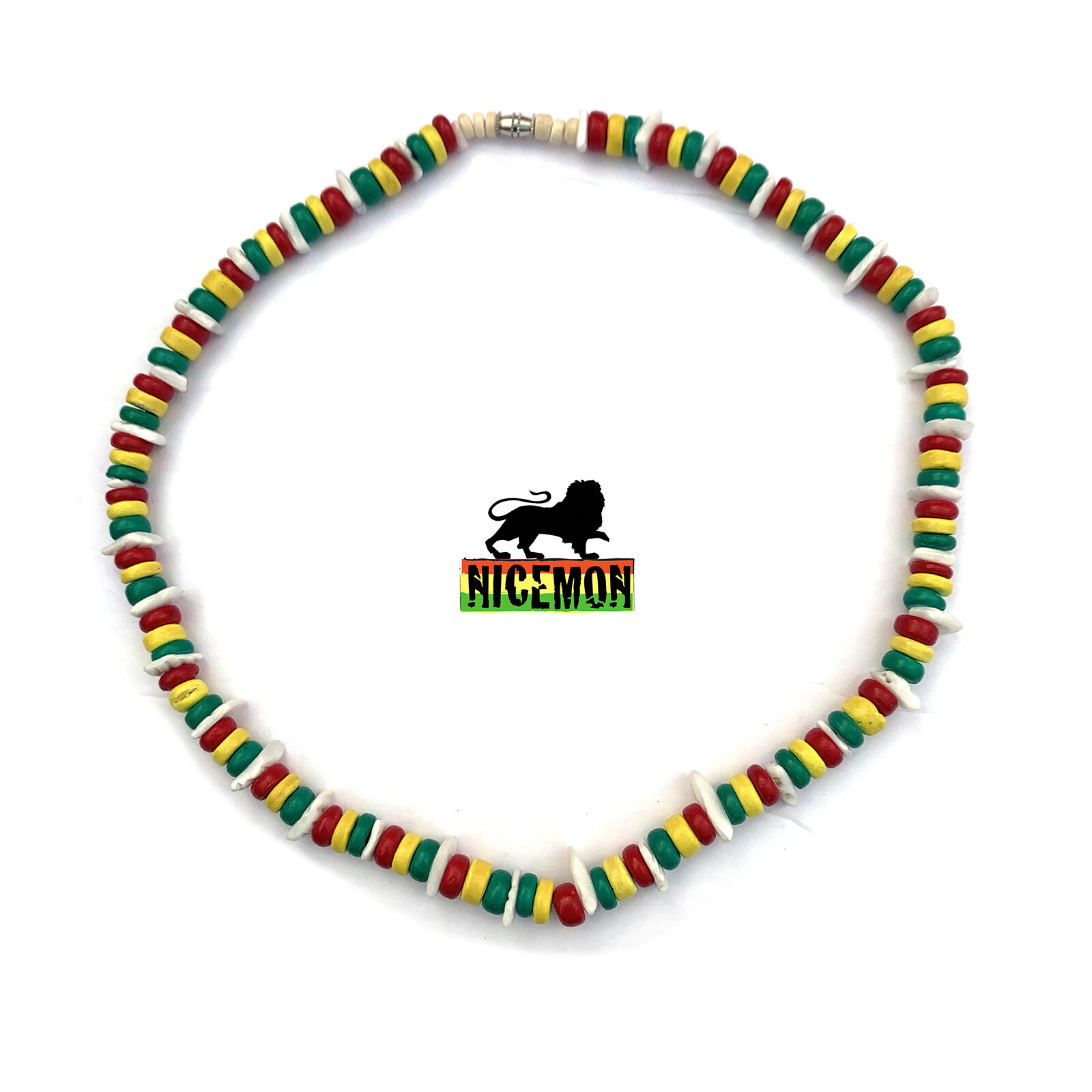 Shell Necklace Rasta Colors Beads Choker Screw Clasp Hawaii Jamaica 18″/46 cm