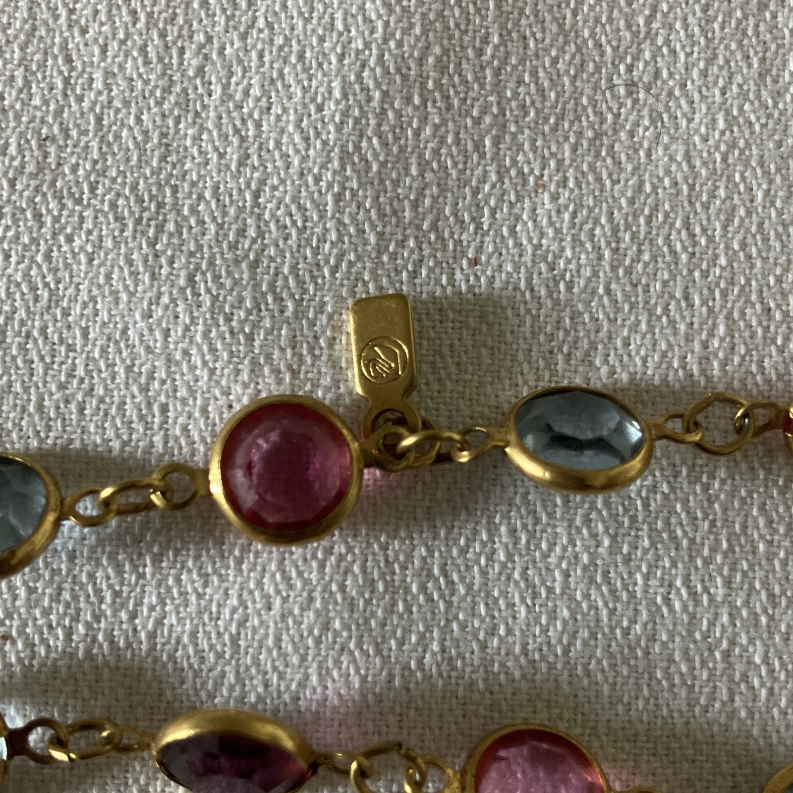 Gold Tone Cable Chain Necklace Bezel-Set Pink & Blue Round Glass Beads 15in