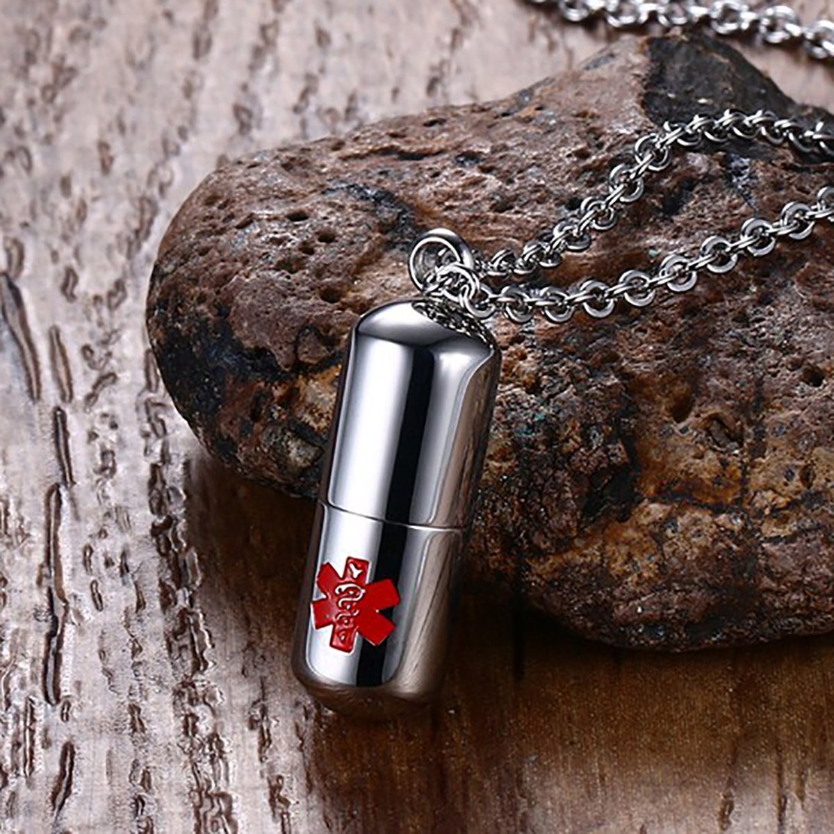 Stainless Steel Pill Shape Keepsake Holder Medical Alert ID Pendant Necklace 20″