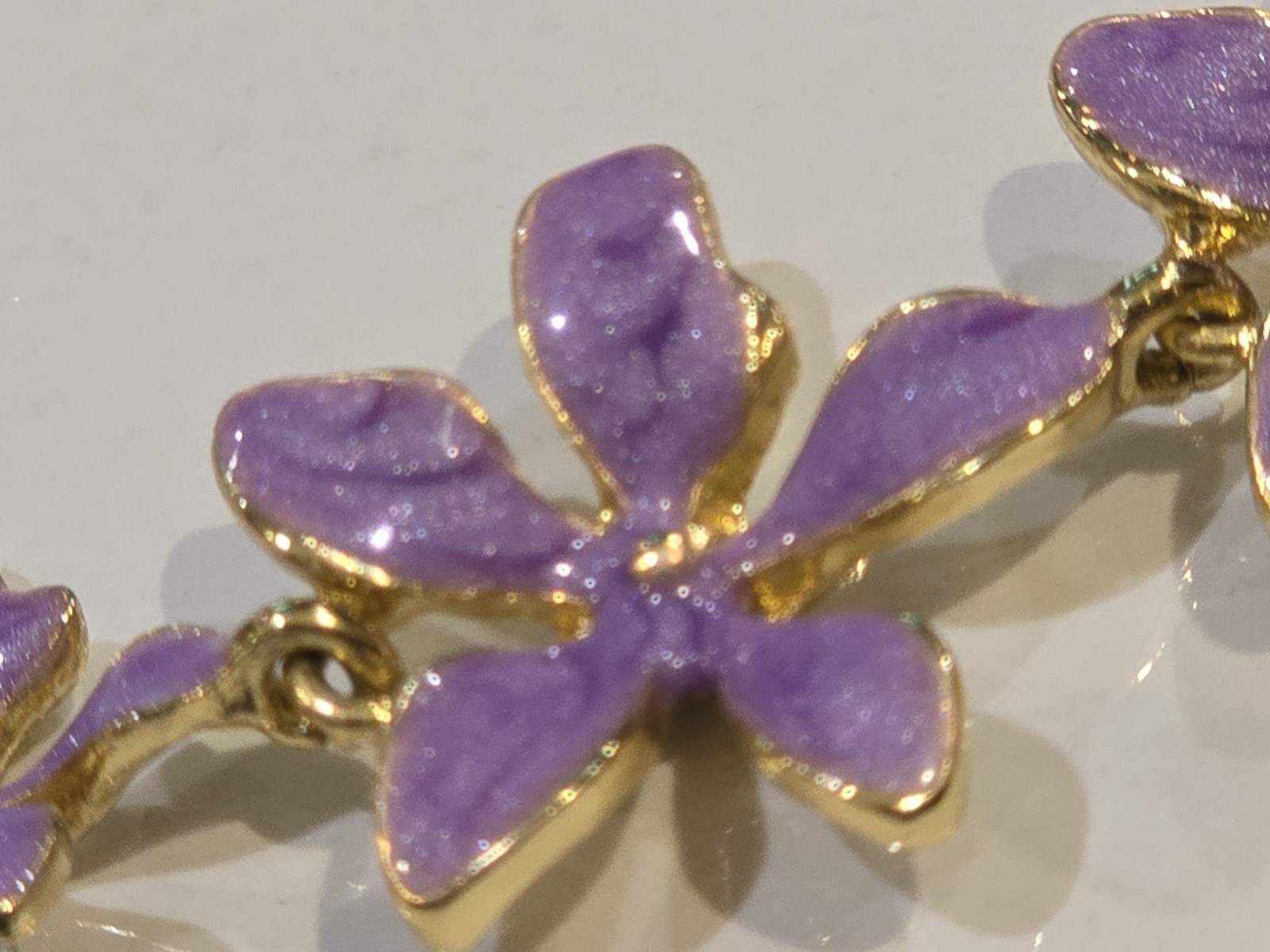 Lavender Enamel Flower Necklace Gold Tone Floral Statement Adjustable Purple