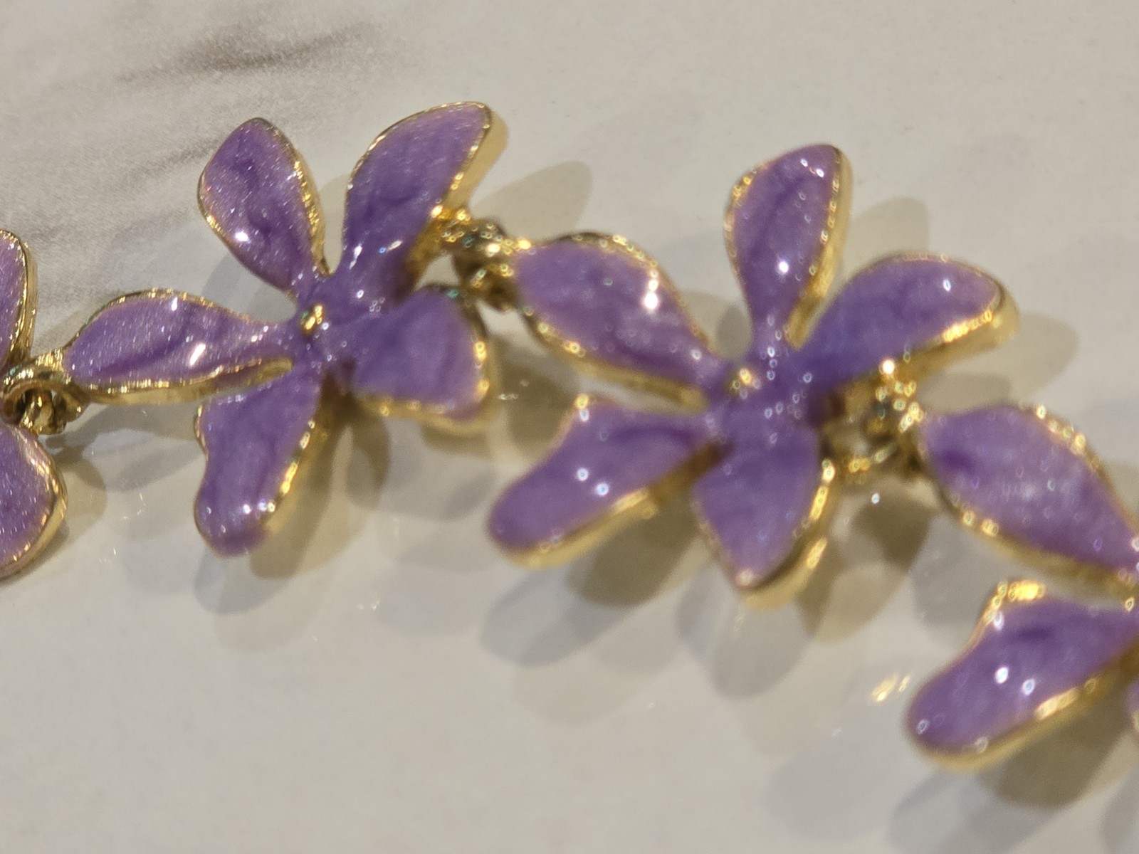 Lavender Enamel Flower Necklace Gold Tone Floral Statement Adjustable Purple