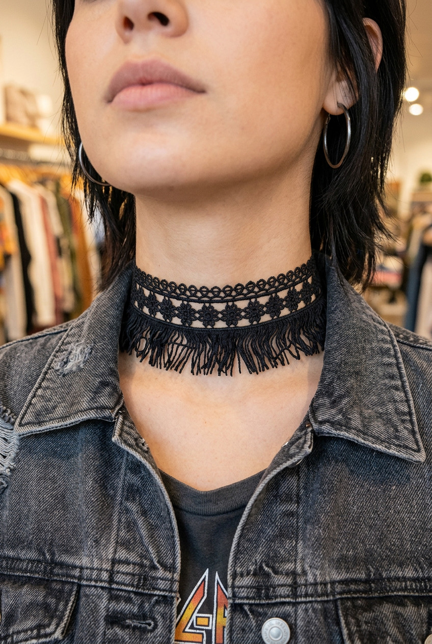 Women Tassel Strand Fringes Cool Style Fashion Black Fabric Choker Necklace