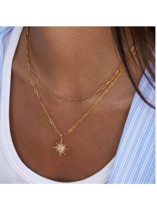 Double Layer Necklace w/cz Sun Pendant Gold Layered Necklace Summer Jewelry