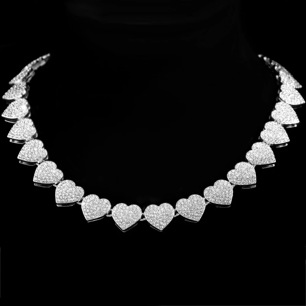Diamond Paved Crystal Heart Cuban Link Chain Necklace for Women Hip Hop Iced Ou