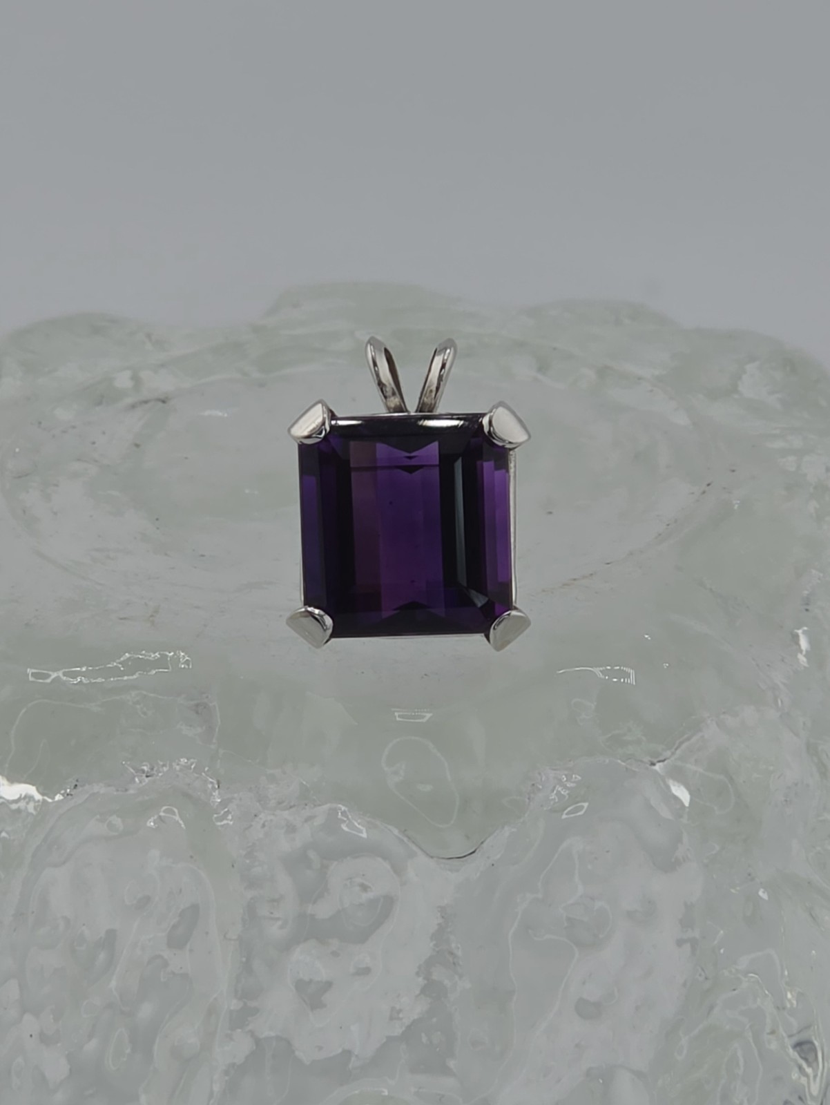 14K SOLID White Gold, Large Amethyst, Emerald Cut, Square 12x11mm Pendant