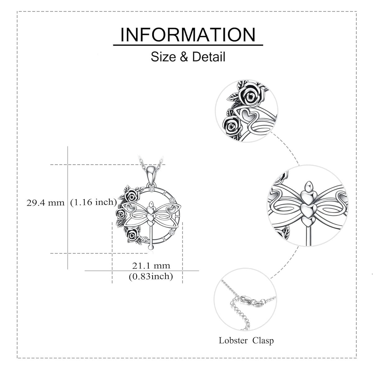 US Seller, Sterling Silver 925 Hearts & Flowers Dragonfly Compass, 18+2″ Chain