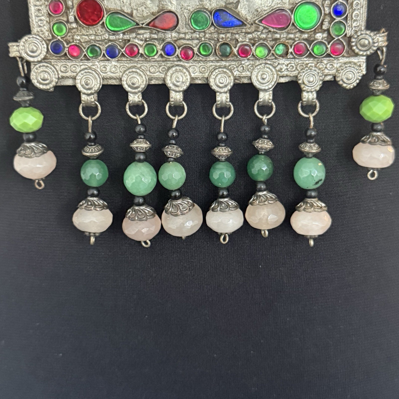 Multicolor Beaded Statement Necklace Silver Rectangle Floral Charm Dangle