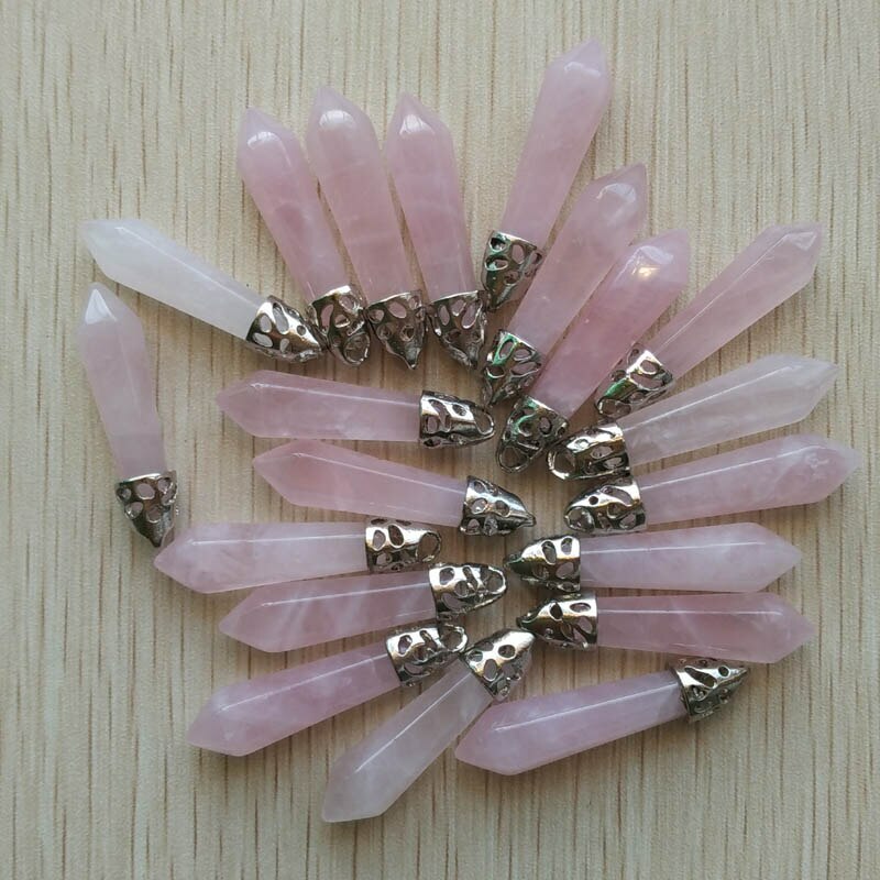 Natural 50pcs Rose Quartz Stone Hexagonal Pillar Pendant Bead Jewelry 10x32mm