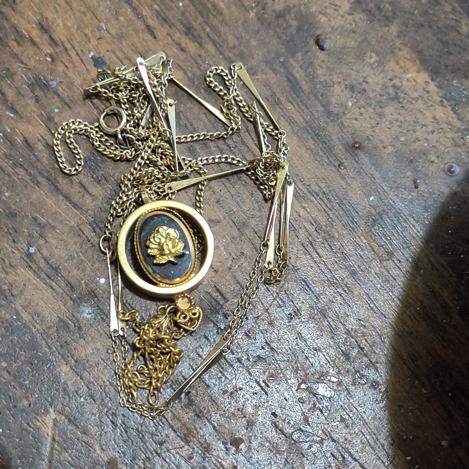 Gold Tone Metal Chain Necklace Round Rose Pendant w/ Tassel, Black Accent