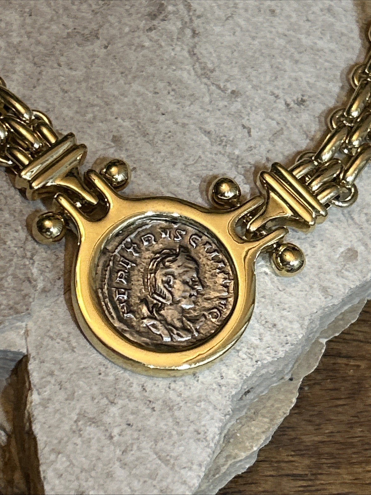 46. Gold tone Faux Roman Coin Basket Braided Chain link Collar Necklace 16 1/2″