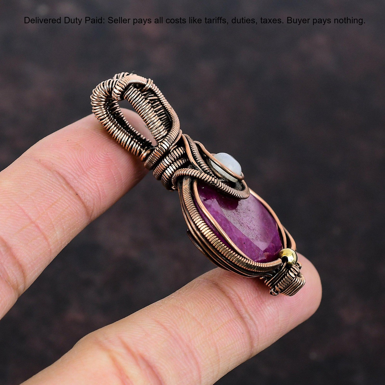 Copper Kashmir Rubi Gemstone Rainbow Moonstone Wire Wrapped Boho Pendant Jewelry