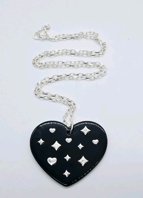 HEART Pendant Necklace Black & Silver tone Crystal Accent Modern 30 in