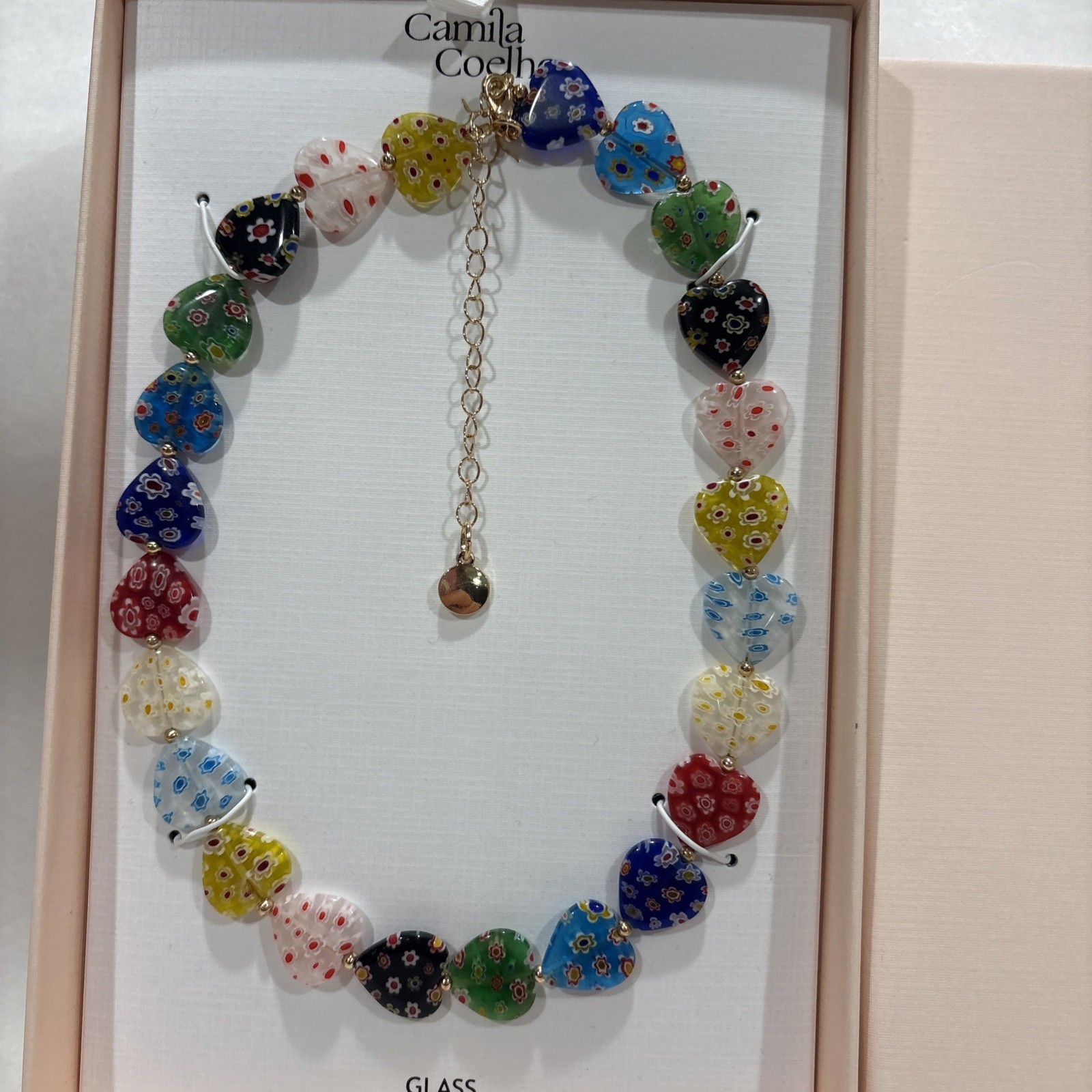 CAMILA COELHO Women Necklace Multicolor Millefiori Beaded Heart Glass 17”