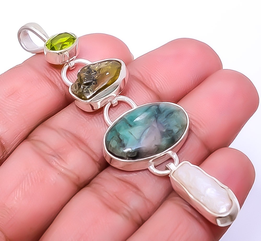 Emerald – Sakota Mines & Tourmaline (Simulated) 925 Silver Pendant 2.85″ A360